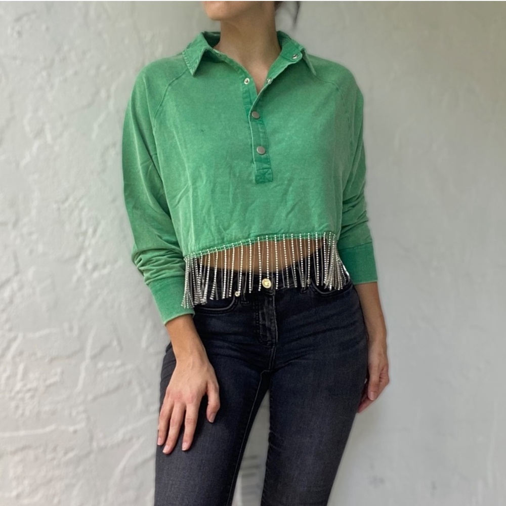 Blue B Collection French Terry Pullover Crop Top with Fringed Rhinestone…